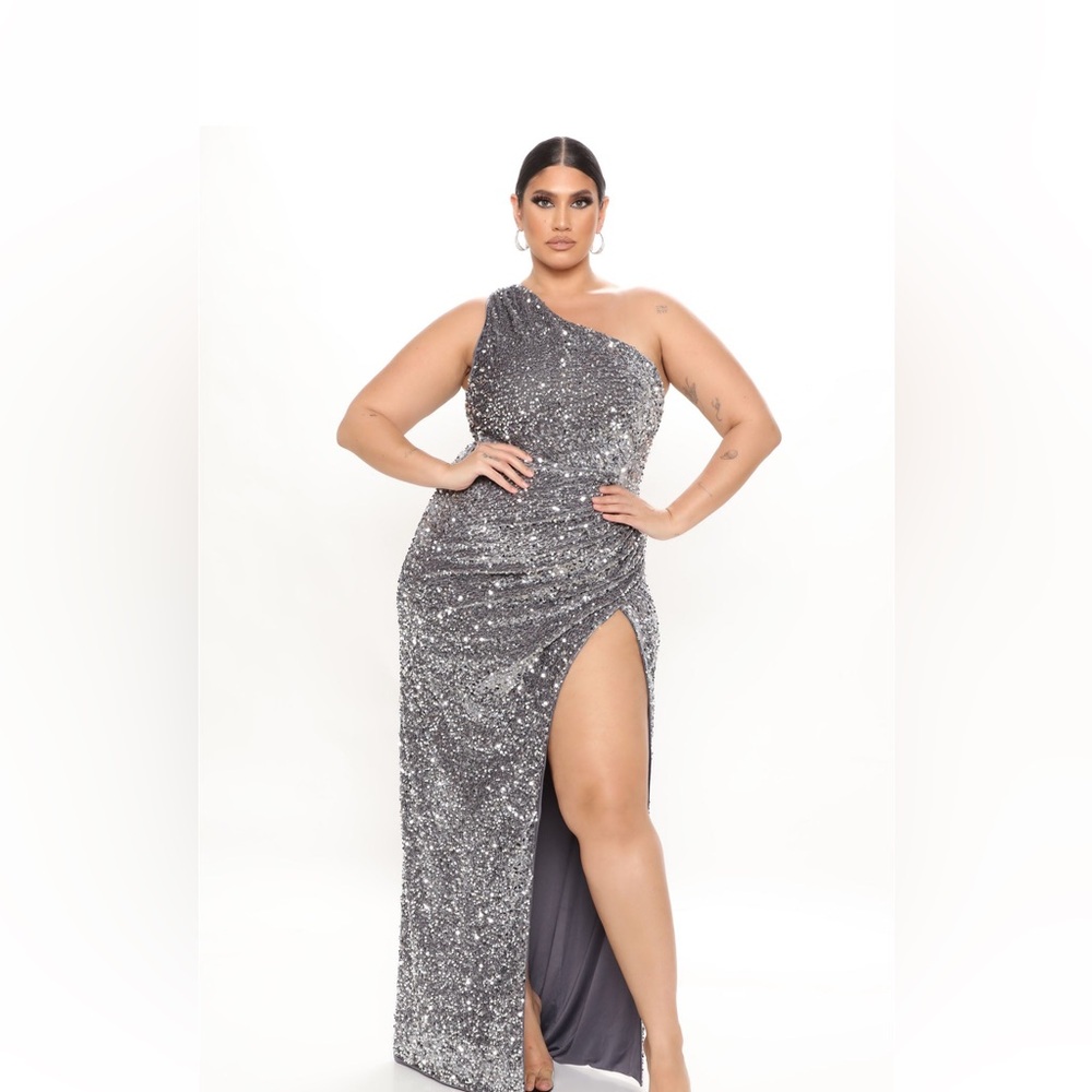 Worn Once, Like New!!- FN Silver Sequin Maxi Dress